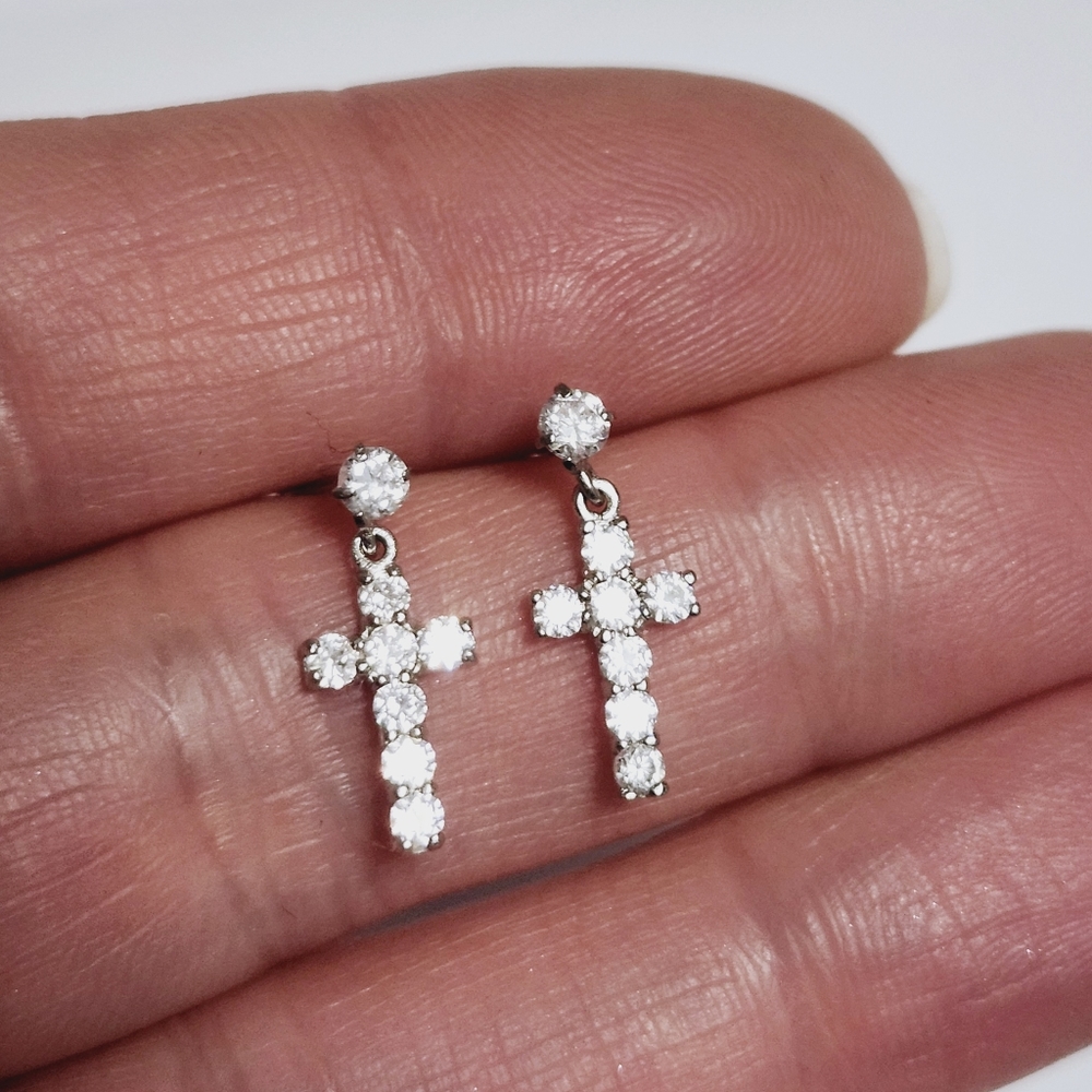 10K white Gold Cross Earrings w/ Stones